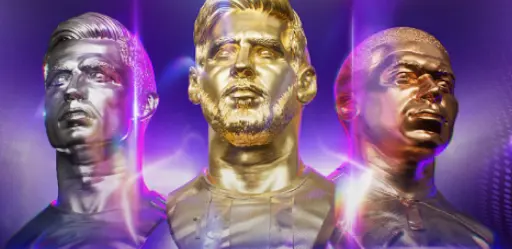Metallic football figures with neon purple background Close-up promo image showing three metallic football player figures with neon lighting on a purple background