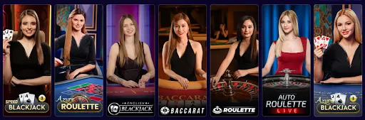 Live casino game selection with blackjack roulette and baccarat options Live casino game thumbnails showing dealers and titles including Speed Blackjack, Azure Roulette, English Blackjack, Baccarat, Roulette, Auto Roulette Live, and Azure Blackjack