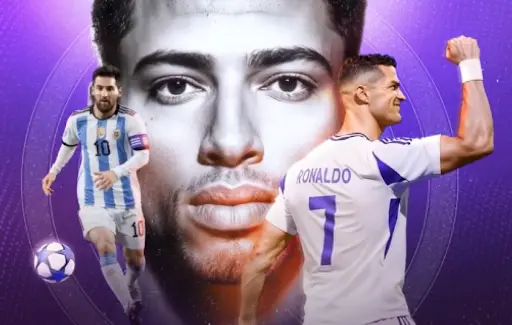 Football promo image with players and purple background Football-themed promo image on a purple background featuring two players, a ball, and a large black-and-white portrait in the center